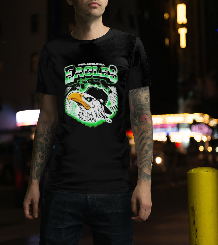 Philadelphia Eagles Mascot With Baseball Cap And City Skyline T-Shirt