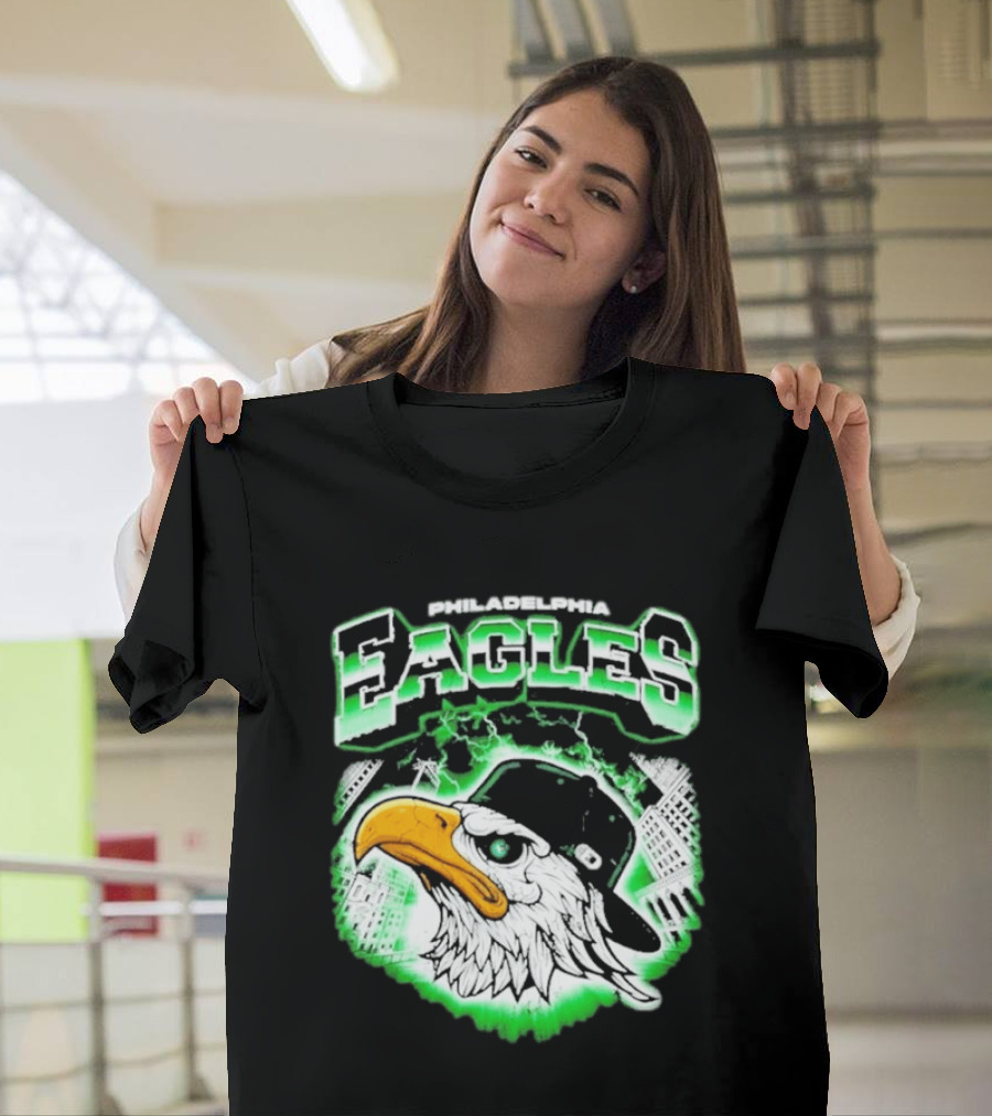 Philadelphia Eagles Mascot With Baseball Cap And City Skyline T-Shirt