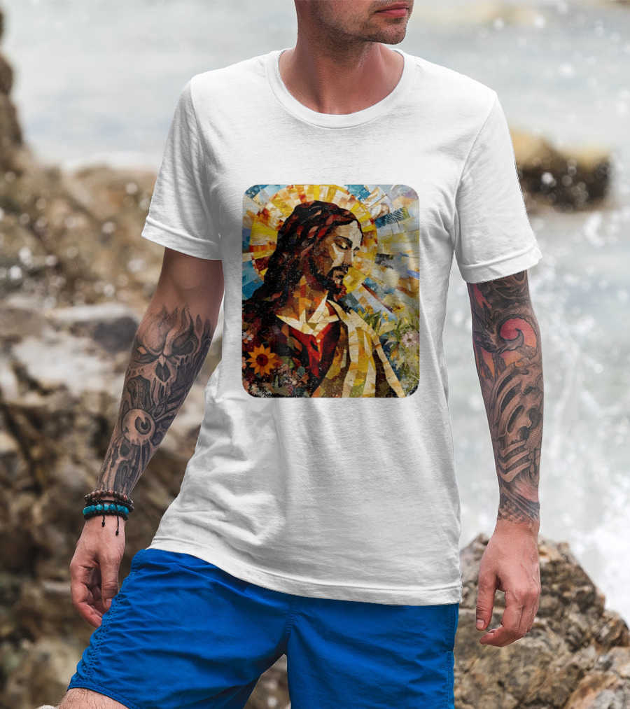 Jesus Christ Mosaic Sunflower Christian Religious T-Shirt