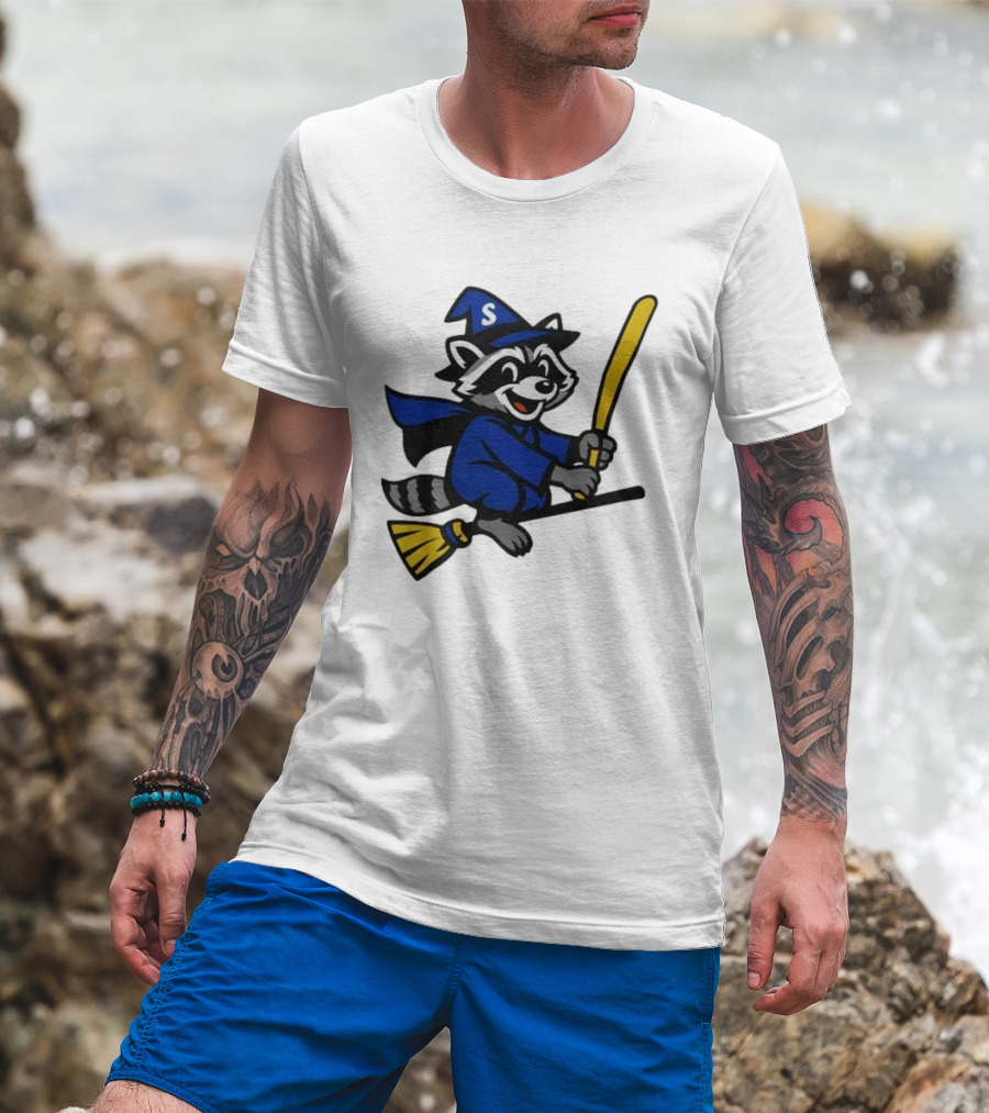 Seattle Mariners Jimothy The Etsy Witch Raccoon Flying Broomstick T-Shirt