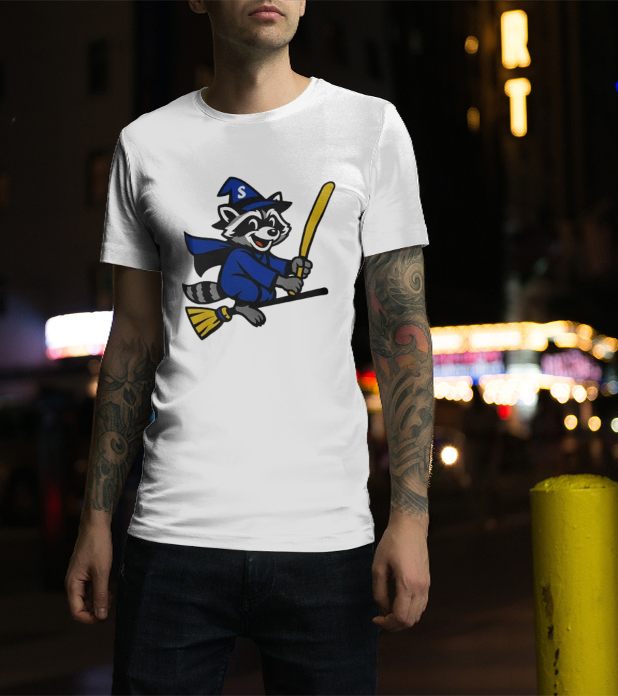 Seattle Mariners Jimothy The Etsy Witch Raccoon Flying Broomstick T-Shirt