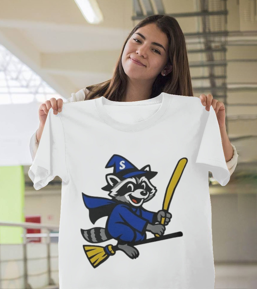 Seattle Mariners Jimothy The Etsy Witch Raccoon Flying Broomstick T-Shirt