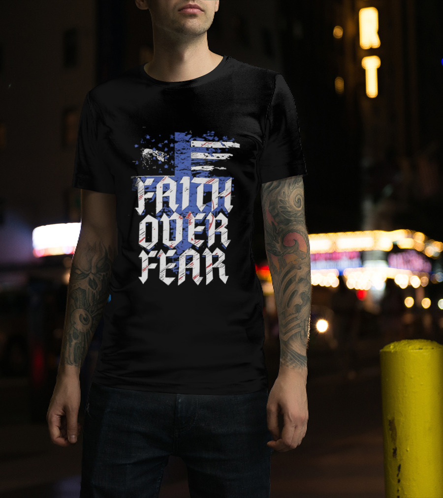 Faith Over Fear Distressed American Flag Cross T-Shirt