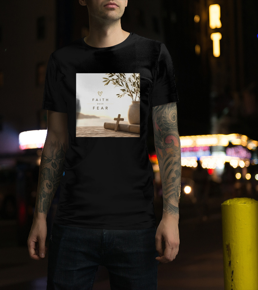 Faith Over Fear Christian Cross Heart With Bible And Olive Branches T-Shirt