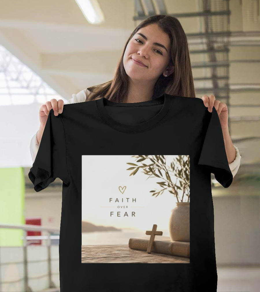 Faith Over Fear Christian Cross Heart With Bible And Olive Branches T-Shirt