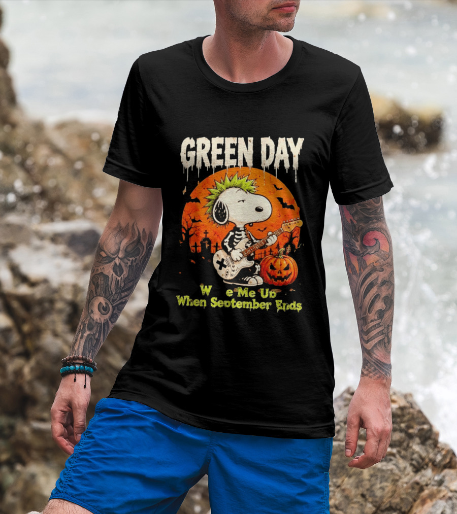 Green Day Snoopy Skeleton Guitar Wake Me Up When September Ends Halloween Pumpkin T-Shirt