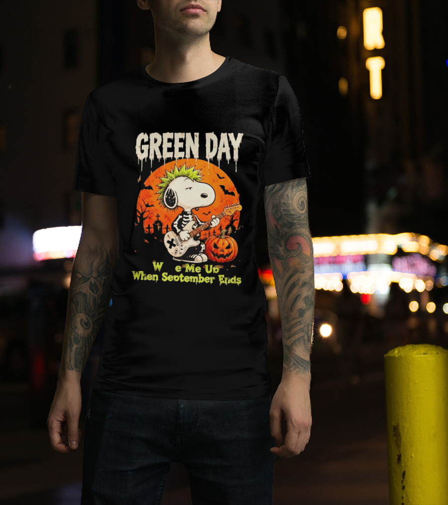 Green Day Snoopy Skeleton Guitar Wake Me Up When September Ends Halloween Pumpkin T-Shirt