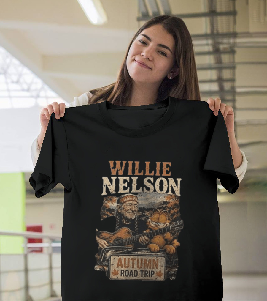Willie Nelson Autumn Road Trip With Orange Cat T-Shirt