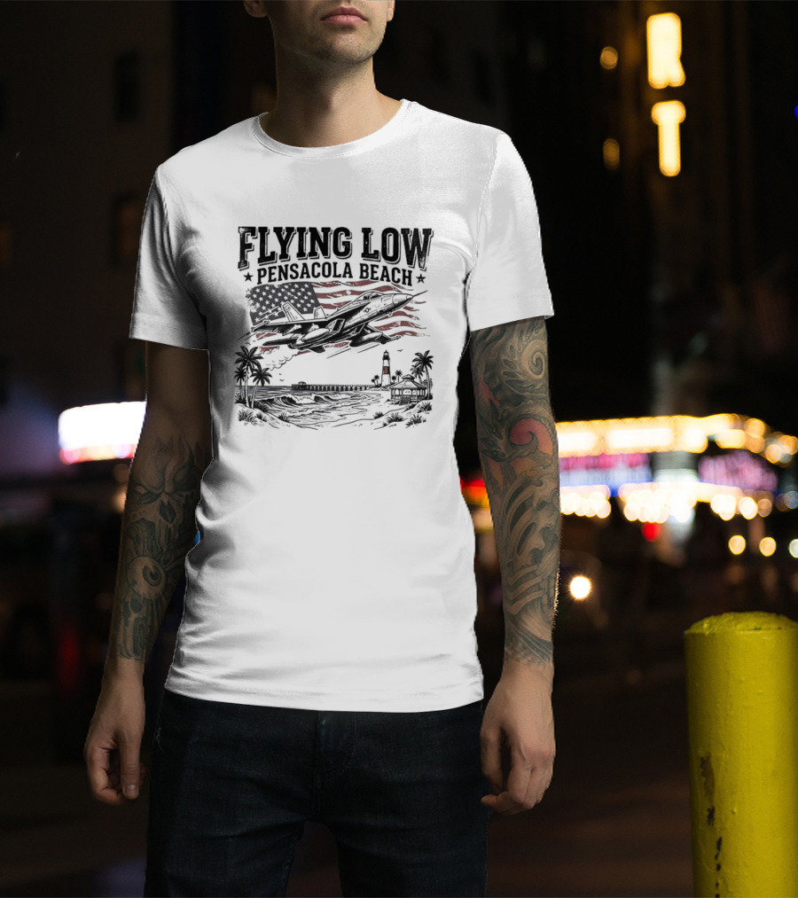 Flying Low Pensacola Beach American Flag Fighter Jet Scenic Beach View T-Shirt