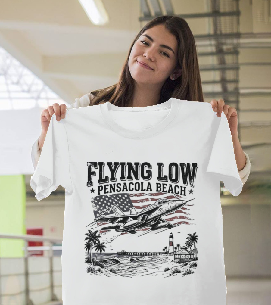 Flying Low Pensacola Beach American Flag Fighter Jet Scenic Beach View T-Shirt