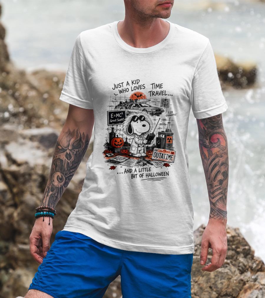 Snoopy Just A Kid Who Loves Time Travel Halloween Pumpkin Scene T-Shirt