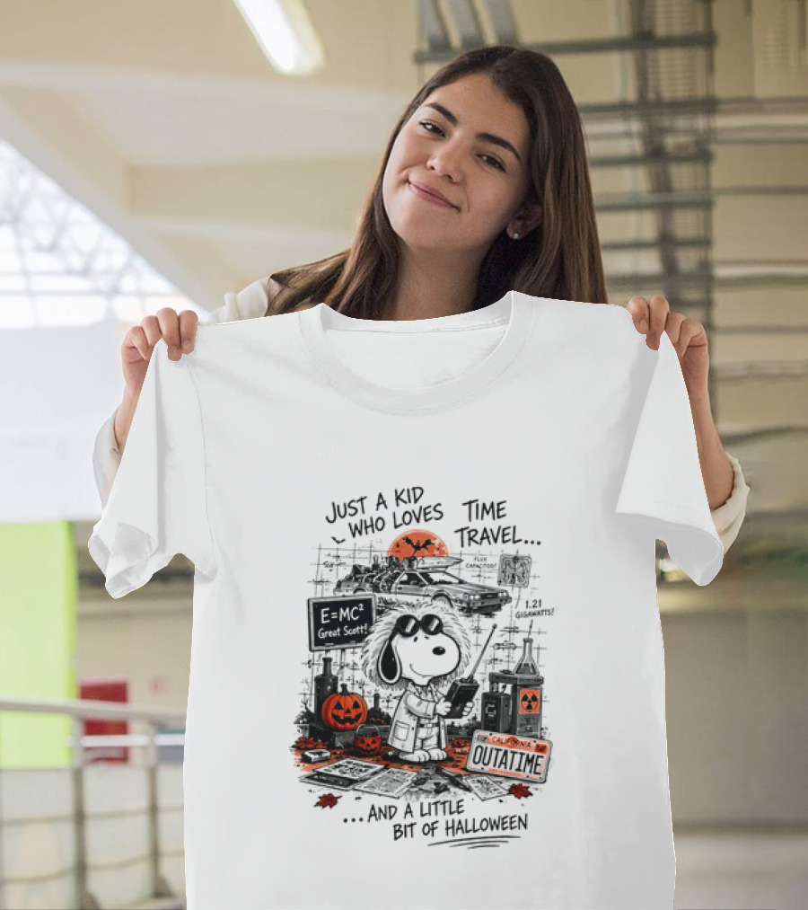 Snoopy Just A Kid Who Loves Time Travel Halloween Pumpkin Scene T-Shirt