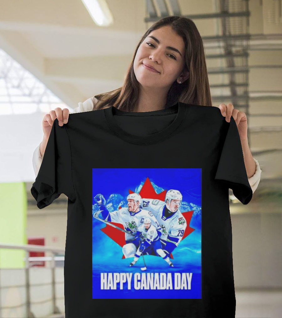 Abbotsford Canucks Happy Canada Day Celebration Collage With Hockey Players And Maple Leaf T-Shirt
