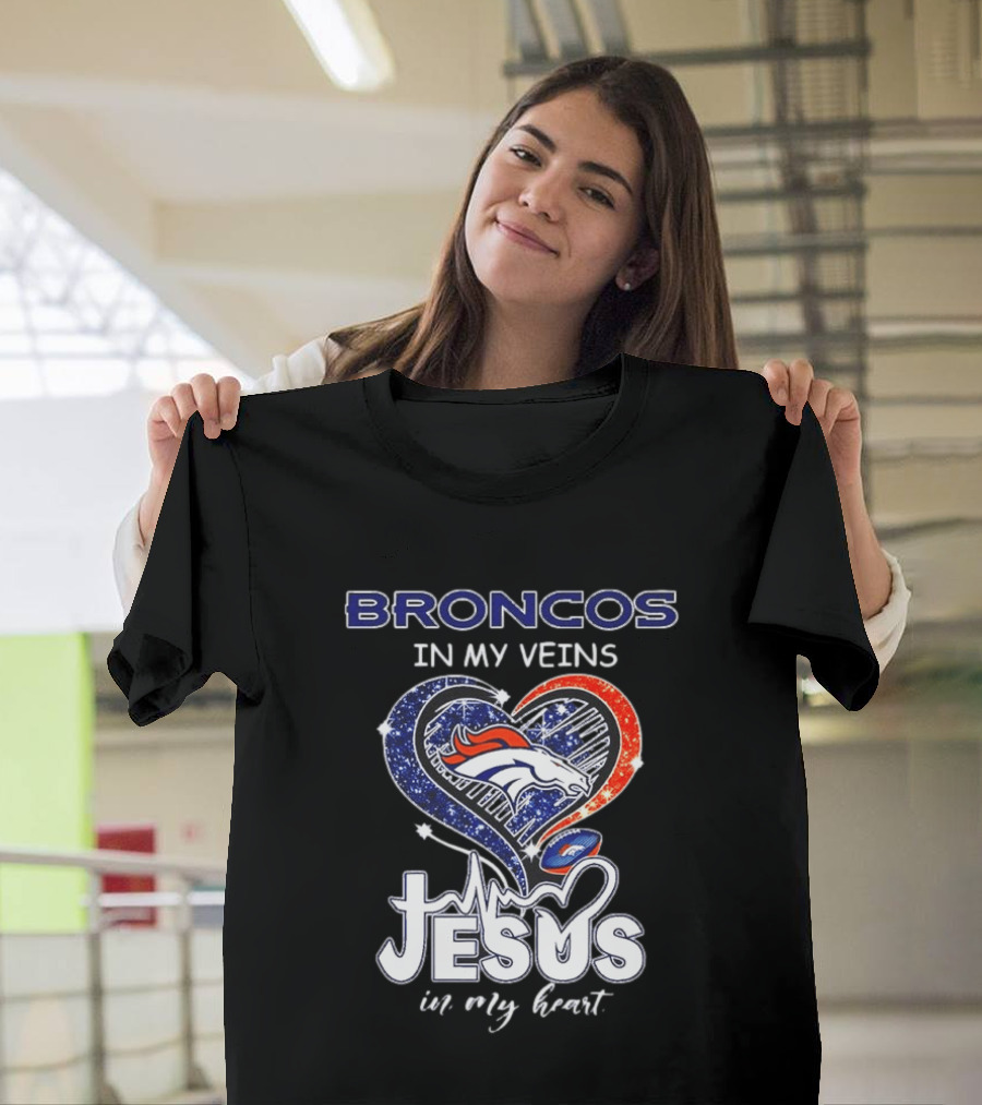 Denver Broncos In My Veins Heart Jesus In My Heart T-Shirt