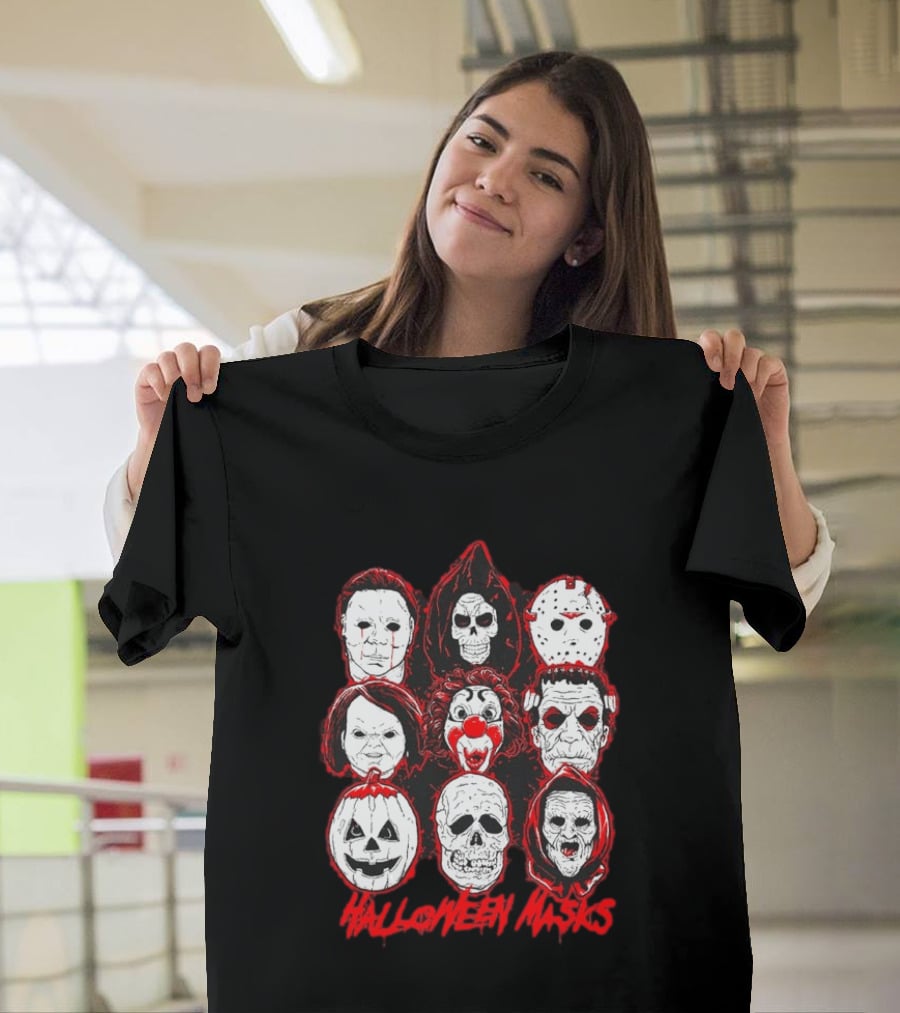 Horror Movie Characters Halloween Masks Skeleton Clown Jack O' Lantern T-Shirt