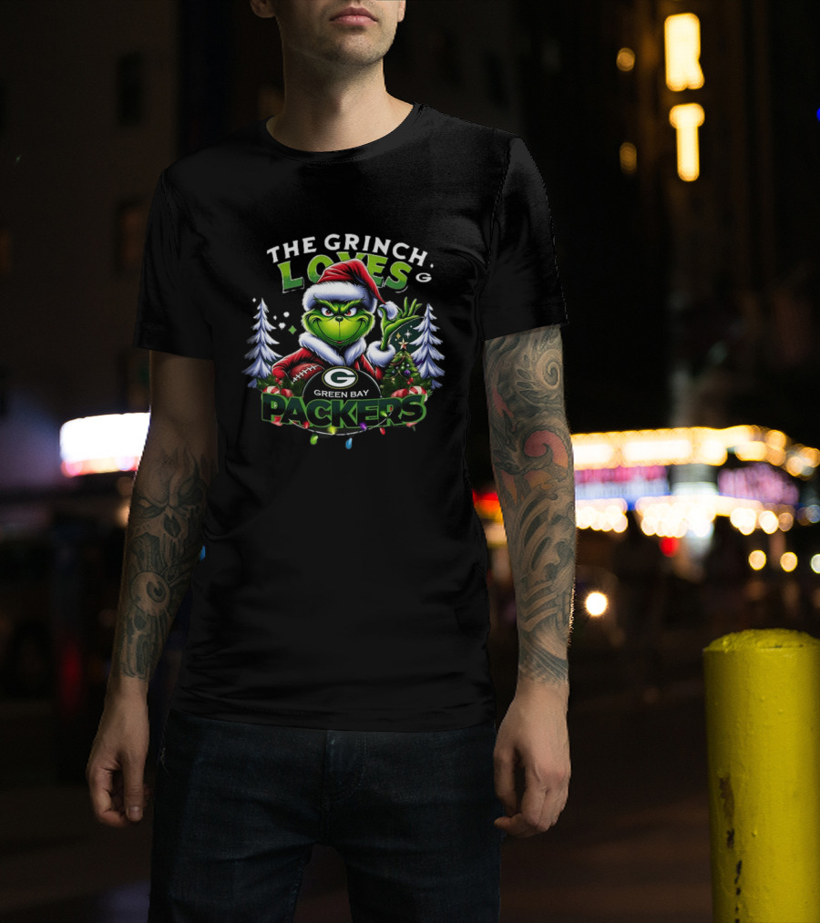 The Grinch Loves Green Bay Packers Christmas Tree Football T-Shirt