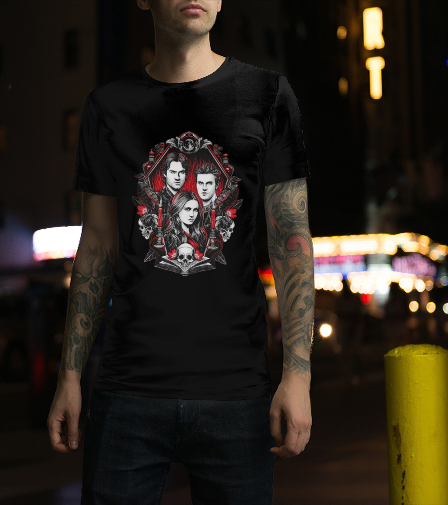 Vampire Blood The Vampire Diaries Damon Salvatore Stefan Salvatore Elena Gilbert Skull Candle Ravens T-Shirt