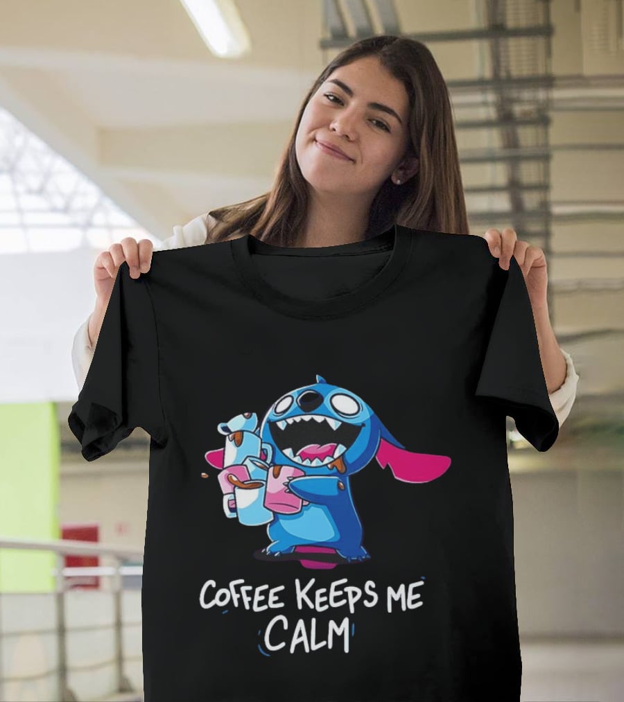 Stitch Coffee Keeps Me Calm Cute Character Drinking Coffee T-Shirt