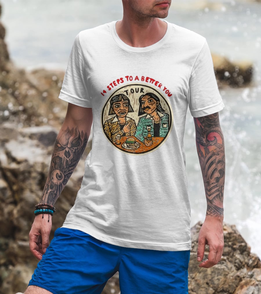 14 Steps To A Better You Tour Oval Illustration With Two Seated Individuals T-Shirt