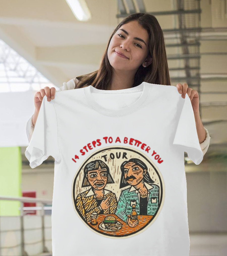 14 Steps To A Better You Tour Oval Illustration With Two Seated Individuals T-Shirt
