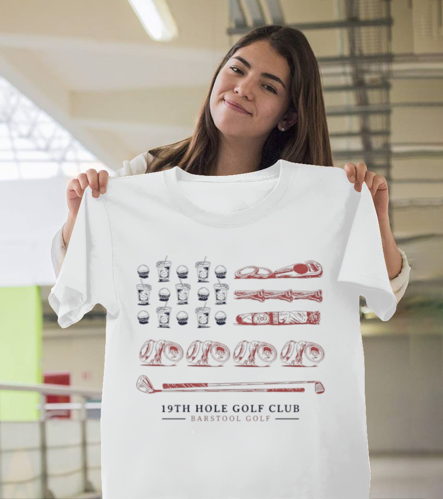 19th Hole Golf Club American Flag Bartool Golf T-Shirt