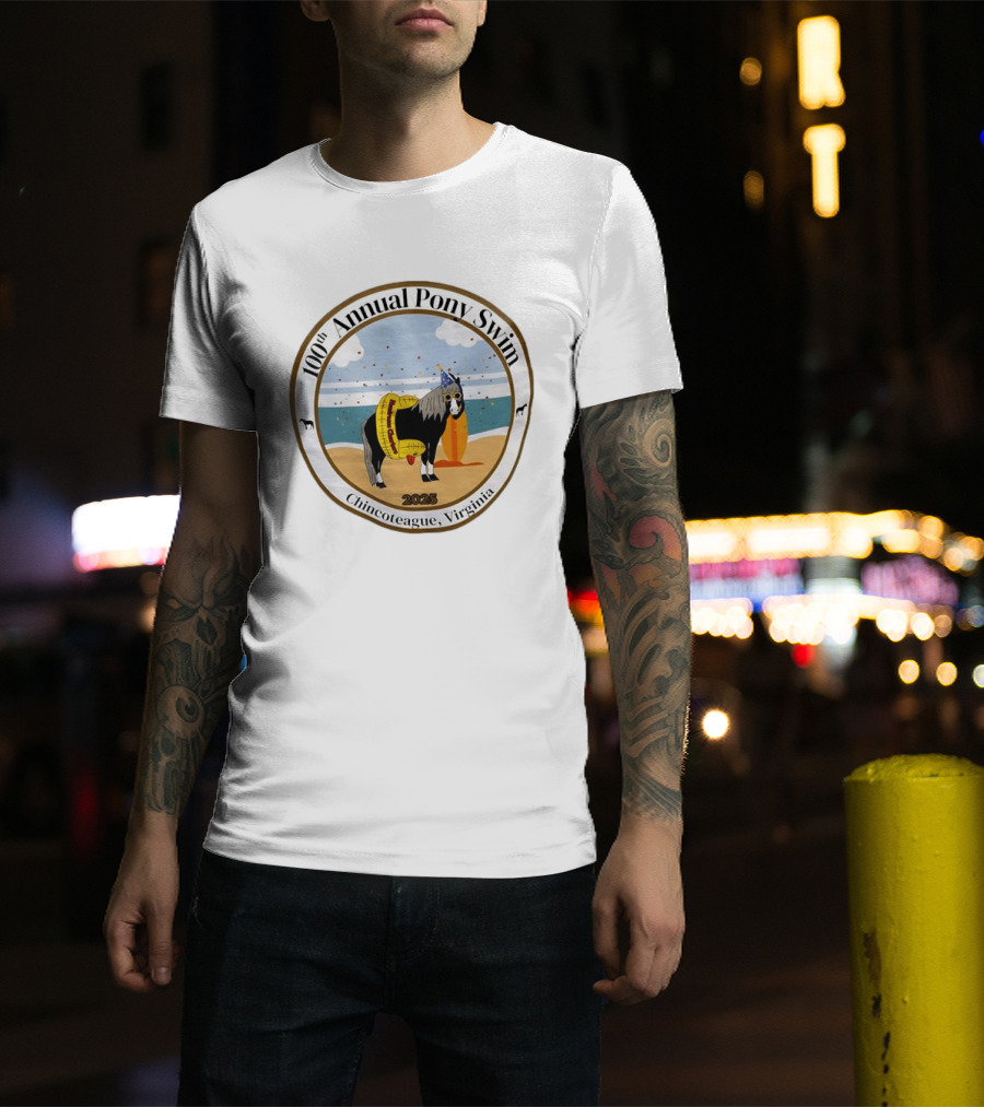 100th Annual Pony Swim Chincoteague Virginia 2025 Beach Scene With Pony And Surfboard T-Shirt