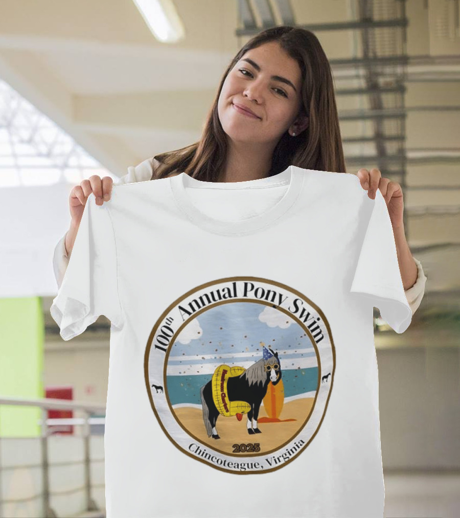 100th Annual Pony Swim Chincoteague Virginia 2025 Beach Scene With Pony And Surfboard T-Shirt