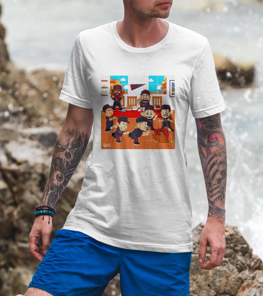 Cincinnati Reds Thanksgiving Chaos Cartoon Scene With Characters And Turkey T-Shirt