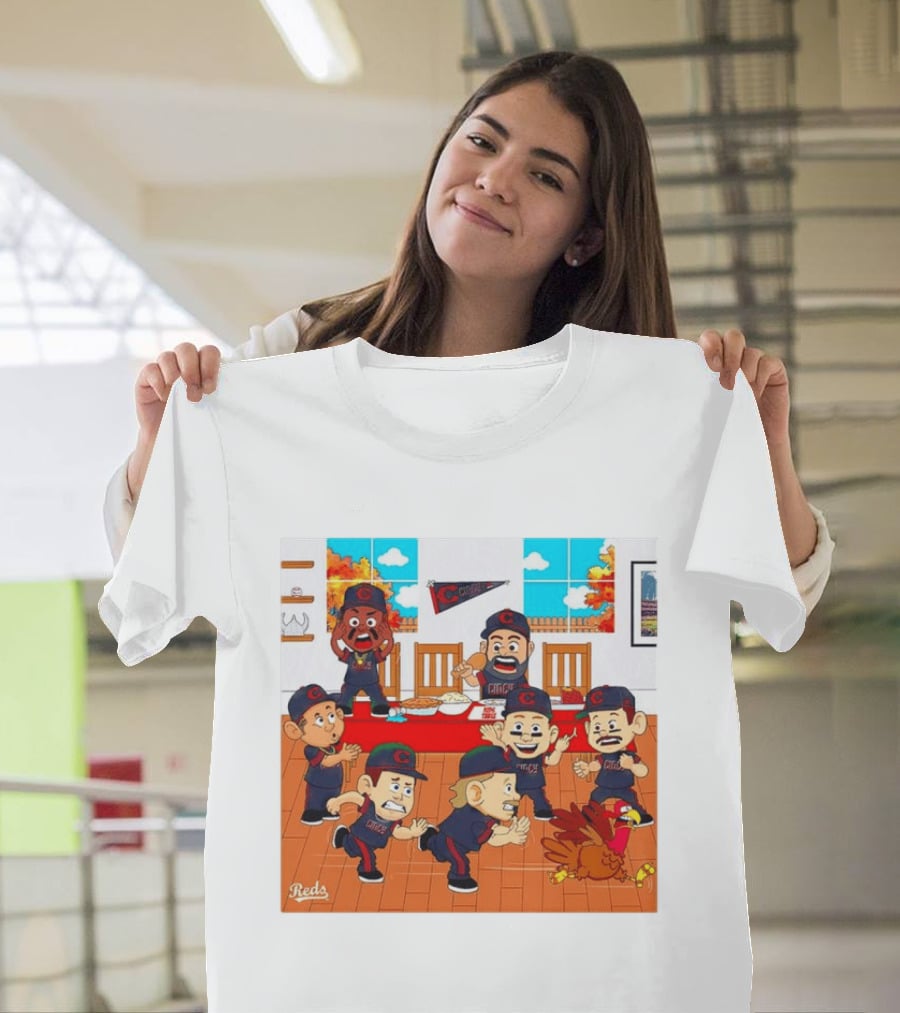 Cincinnati Reds Thanksgiving Chaos Cartoon Scene With Characters And Turkey T-Shirt
