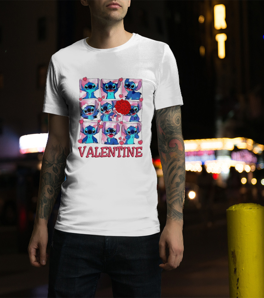 Disney Stitch Rose Flowers Valentine Love Hearts Happy Day T-Shirt
