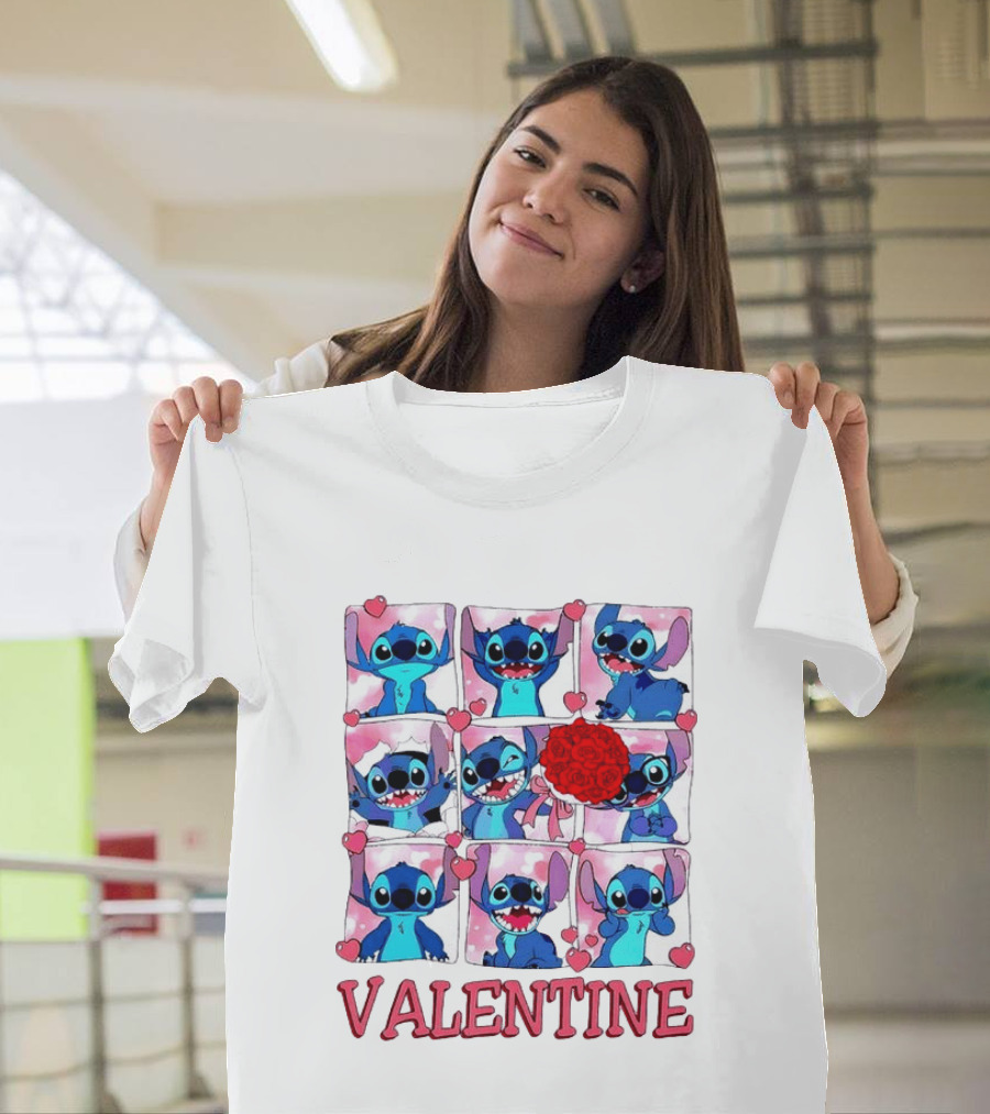 Disney Stitch Rose Flowers Valentine Love Hearts Happy Day T-Shirt