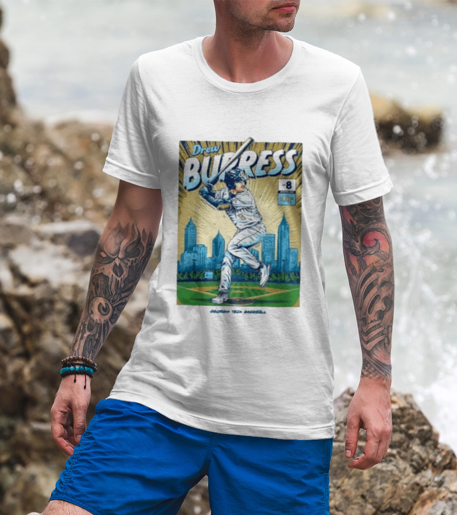 Drew Burress #8 Georgia Tech Baseball Comic Style Retro Cityscape T-Shirt