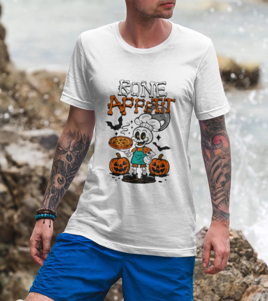 Bone Appetit Skeleton Chef Halloween Pizza Pumpkin Bats T-Shirt