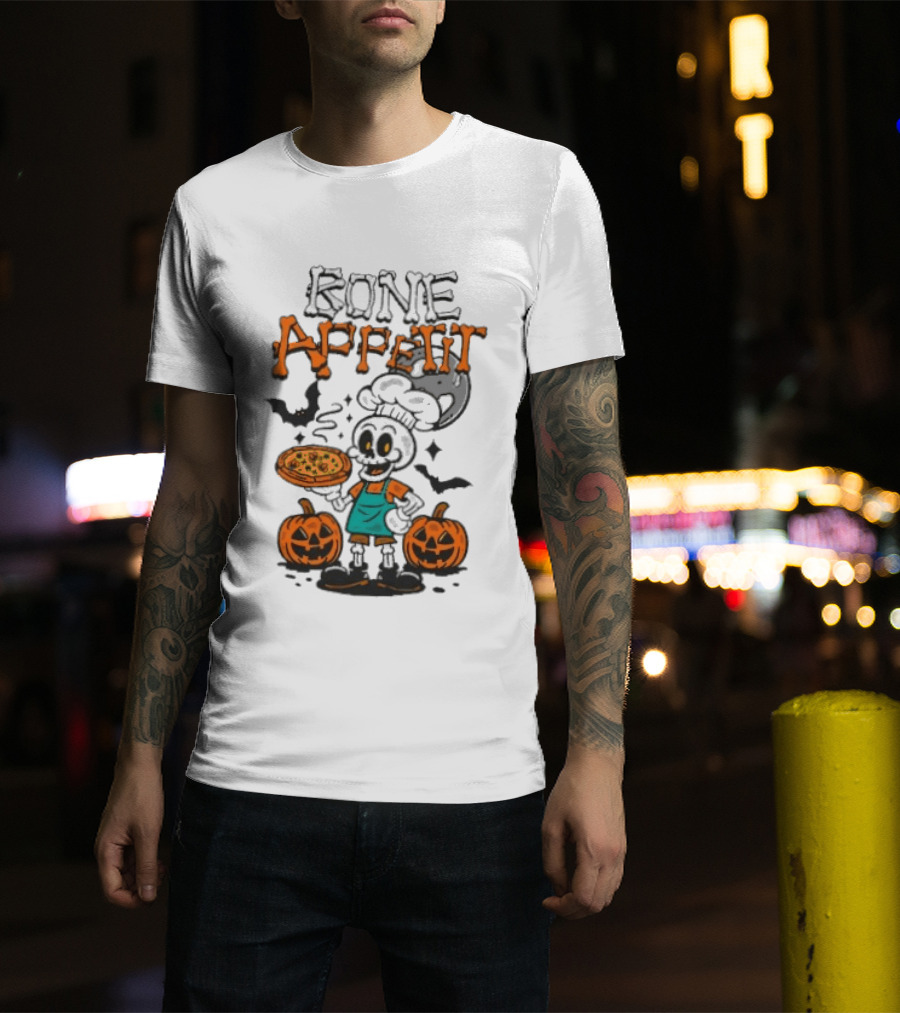 Bone Appetit Skeleton Chef Halloween Pizza Pumpkin Bats T-Shirt