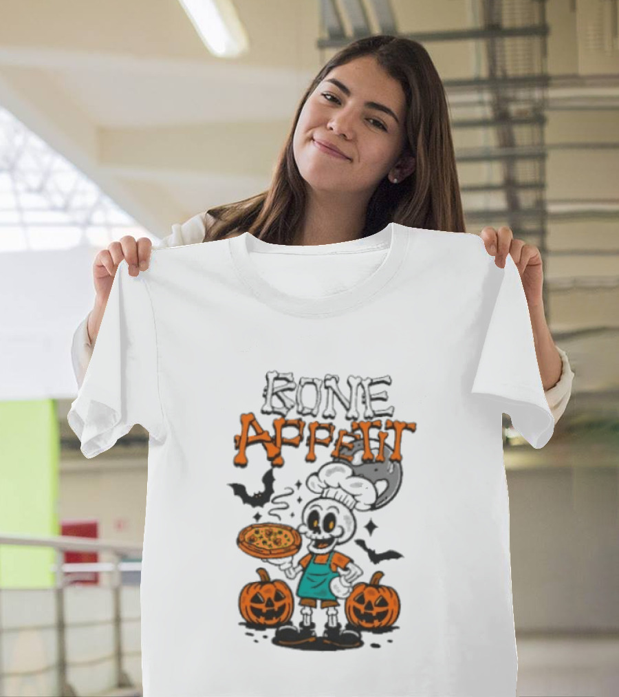 Bone Appetit Skeleton Chef Halloween Pizza Pumpkin Bats T-Shirt