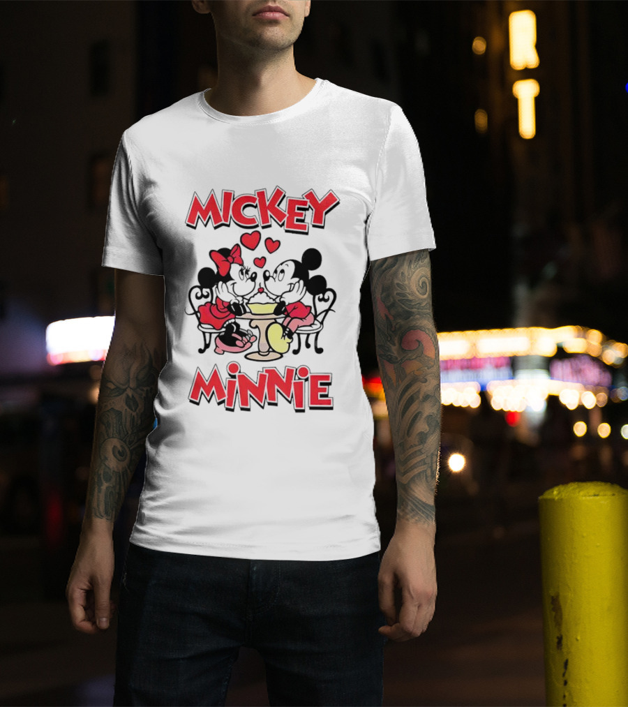 Mickey Minnie Romantic Valentine's Day Hearts And Cafe Scene T-Shirt