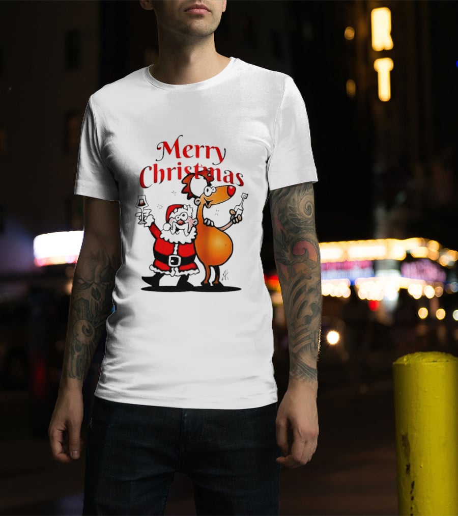 Merry Christmas Santa Claus And Reindeer Toast With Drinks T-Shirt