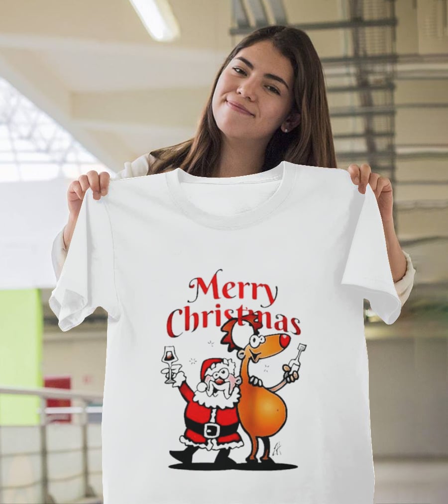 Merry Christmas Santa Claus And Reindeer Toast With Drinks T-Shirt