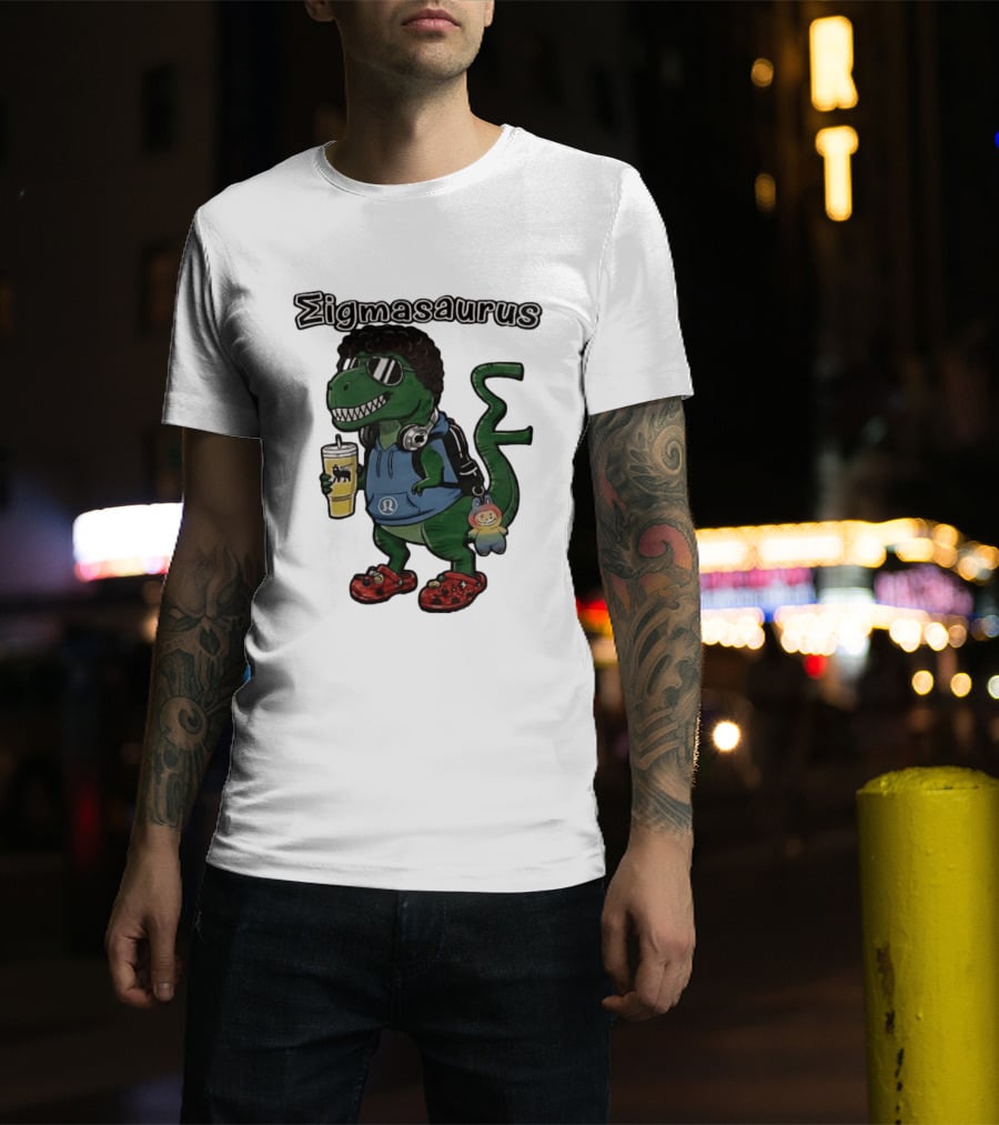 Sigmasaurus Rex Dinosaur Meme With Afro Sunglasses Headphones And Drink T-Shirt