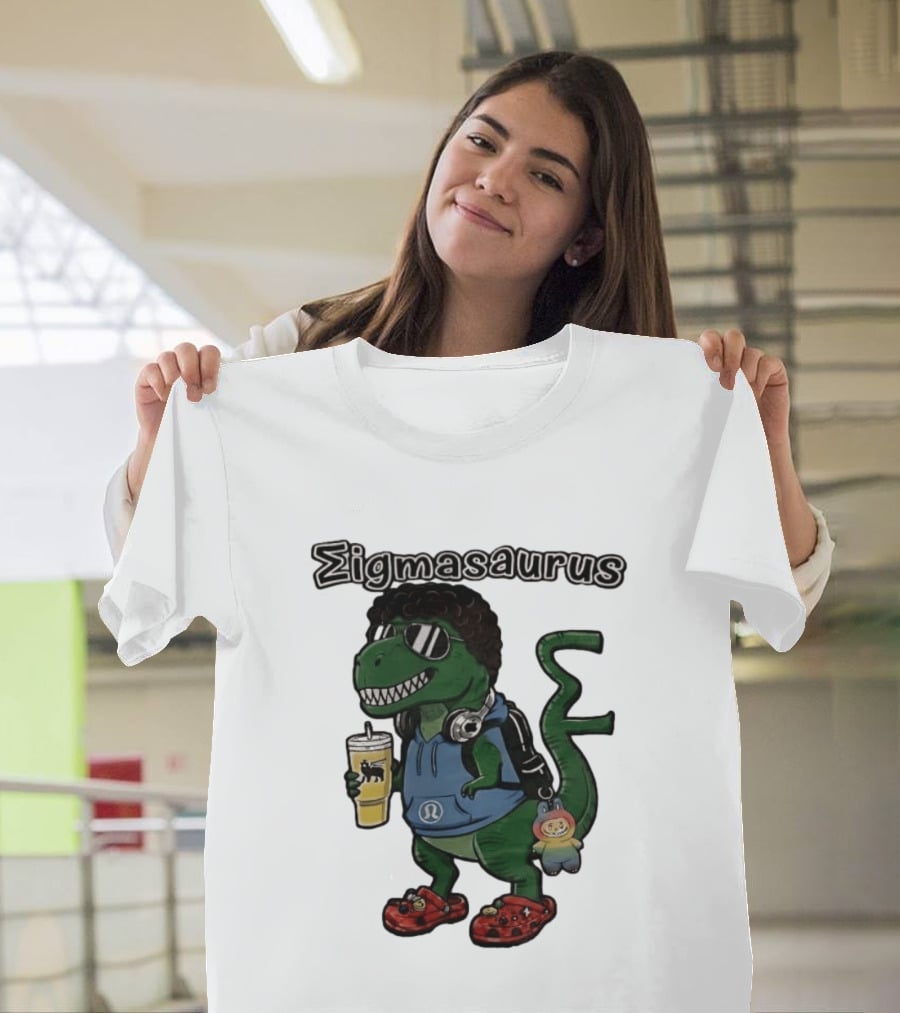 Sigmasaurus Rex Dinosaur Meme With Afro Sunglasses Headphones And Drink T-Shirt