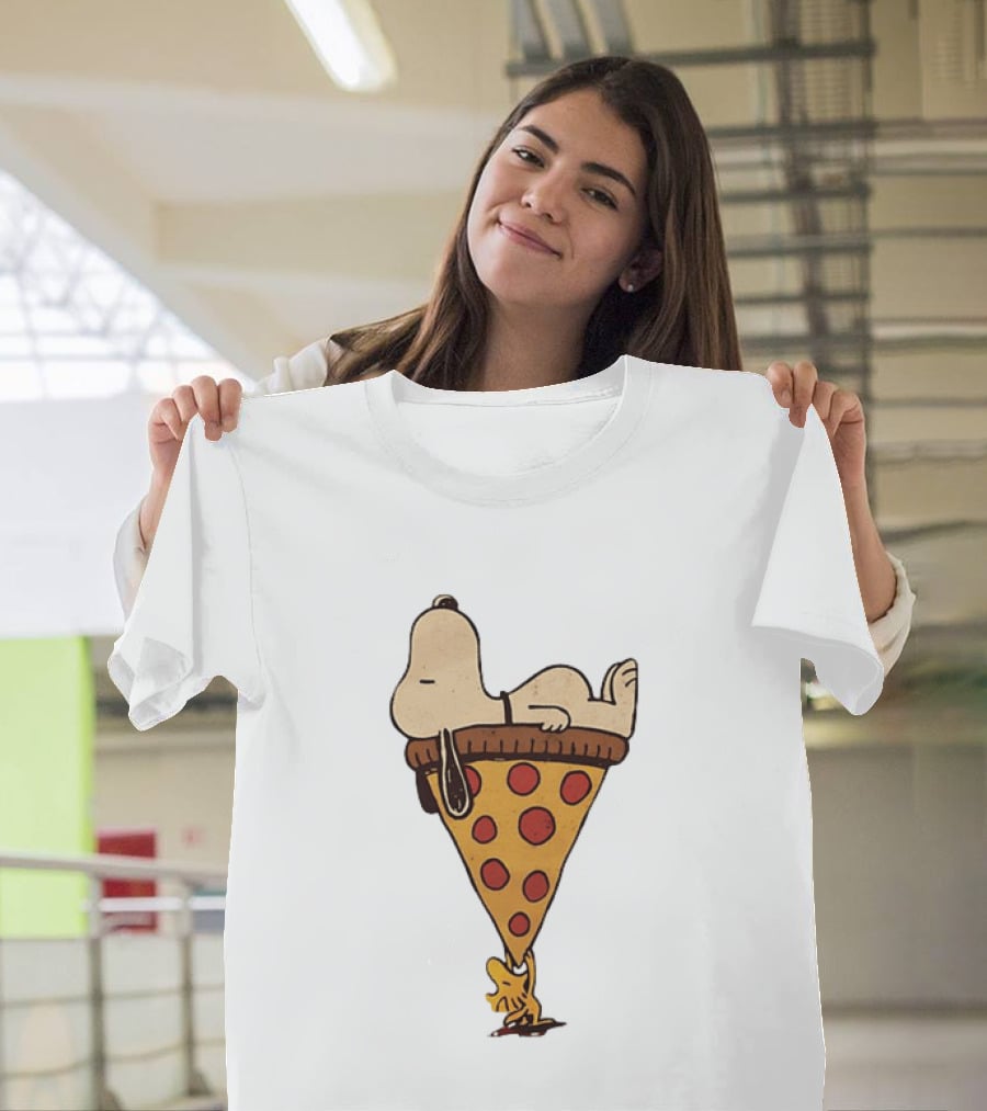 Snoopy Relaxing On Giant Pizza Slice With Woodstock Peanuts Collection T-Shirt