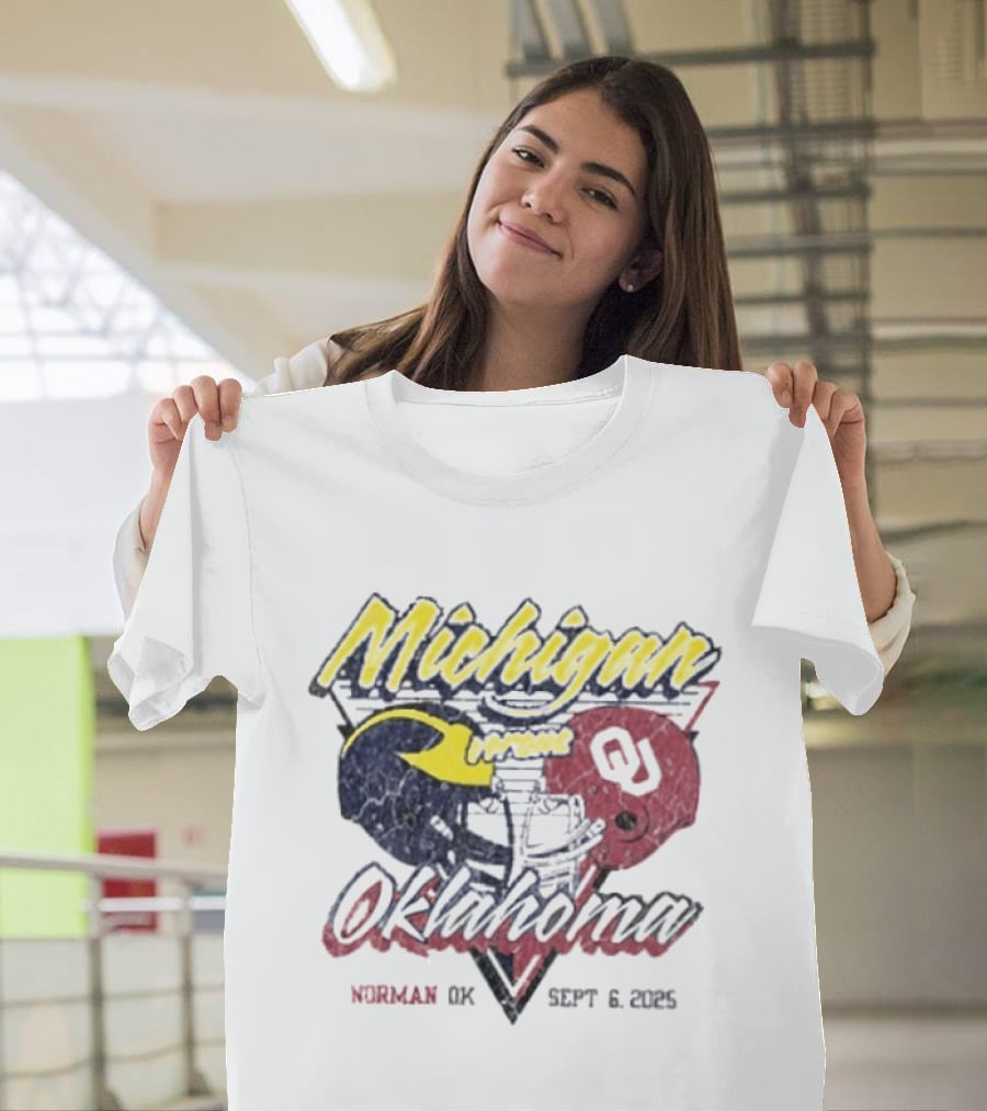 Oklahoma Sooners Vs Michigan Wolverines Football Helmet Norman OK September 6 2025 T-Shirt