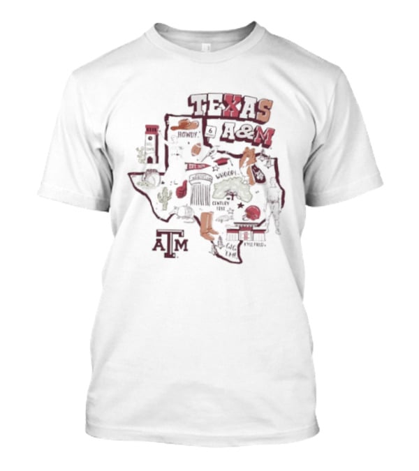 Texas A&M Aggies Map With Iconic Symbols And Landmarks T-Shirt