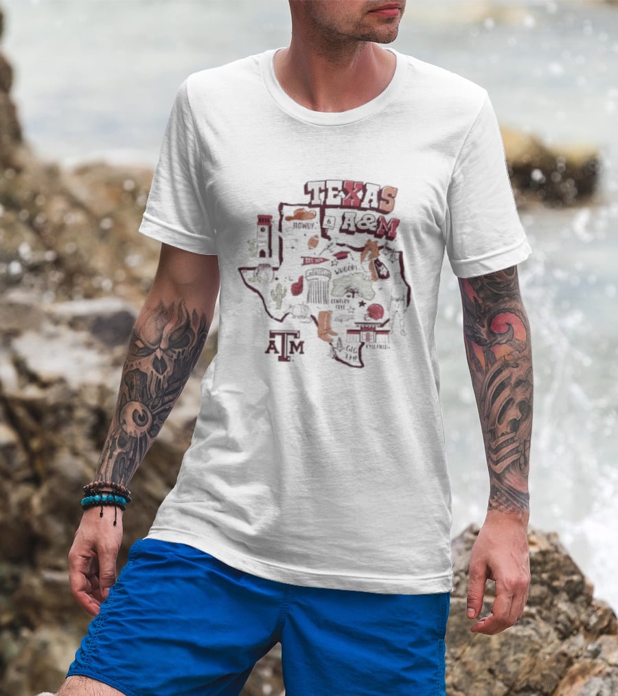 Texas A&M Aggies Map With Iconic Symbols And Landmarks T-Shirt
