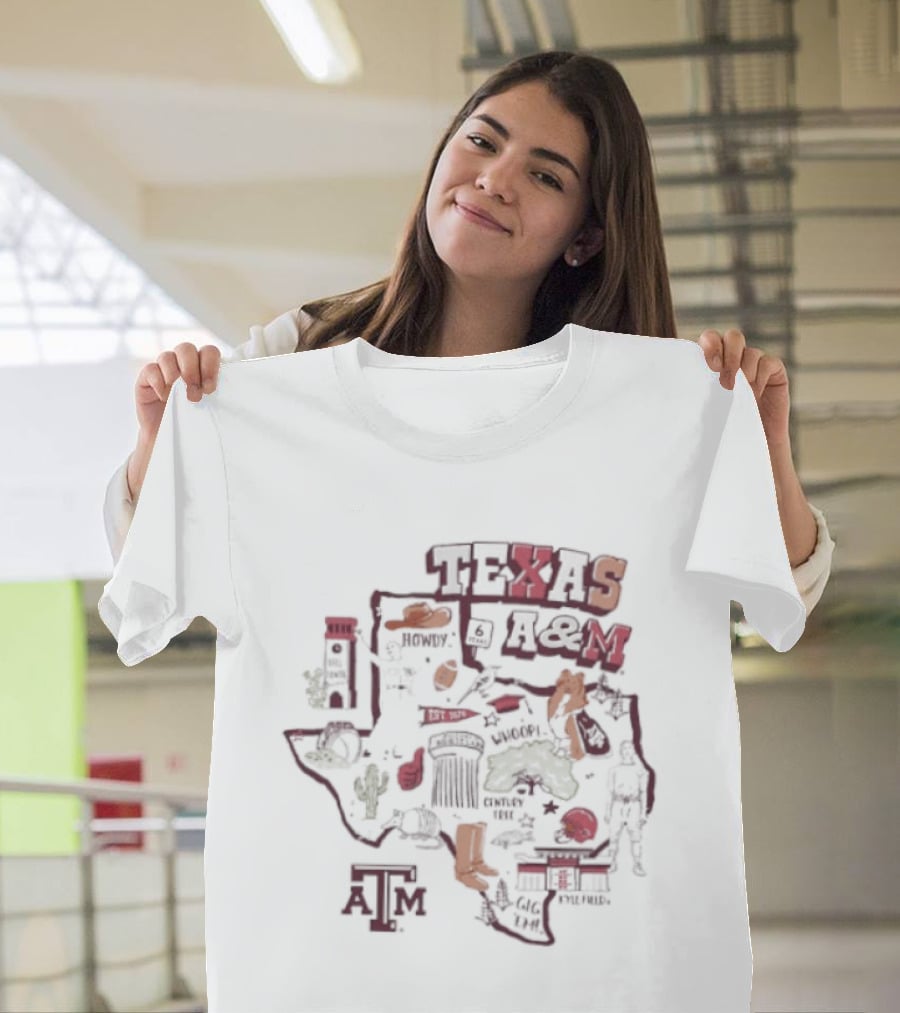 Texas A&M Aggies Map With Iconic Symbols And Landmarks T-Shirt