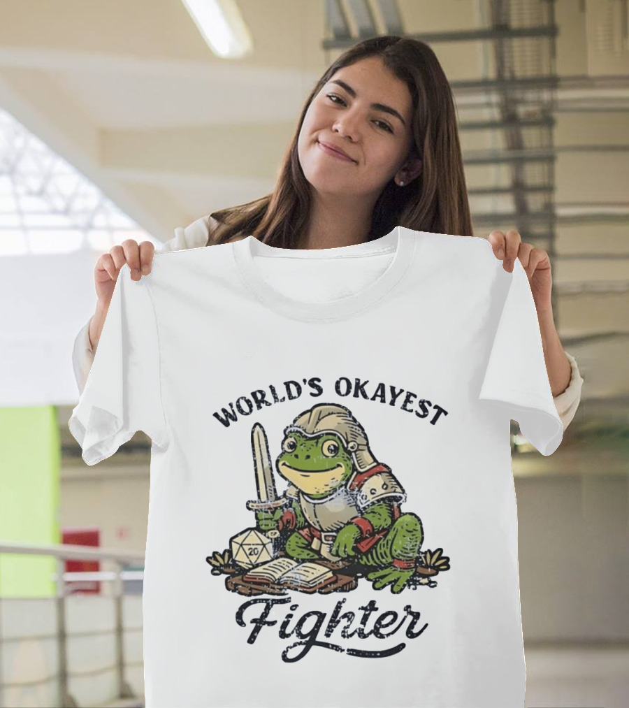 World's Okayest Fighter Frog In Armor With D20 Dice And Sword T-Shirt