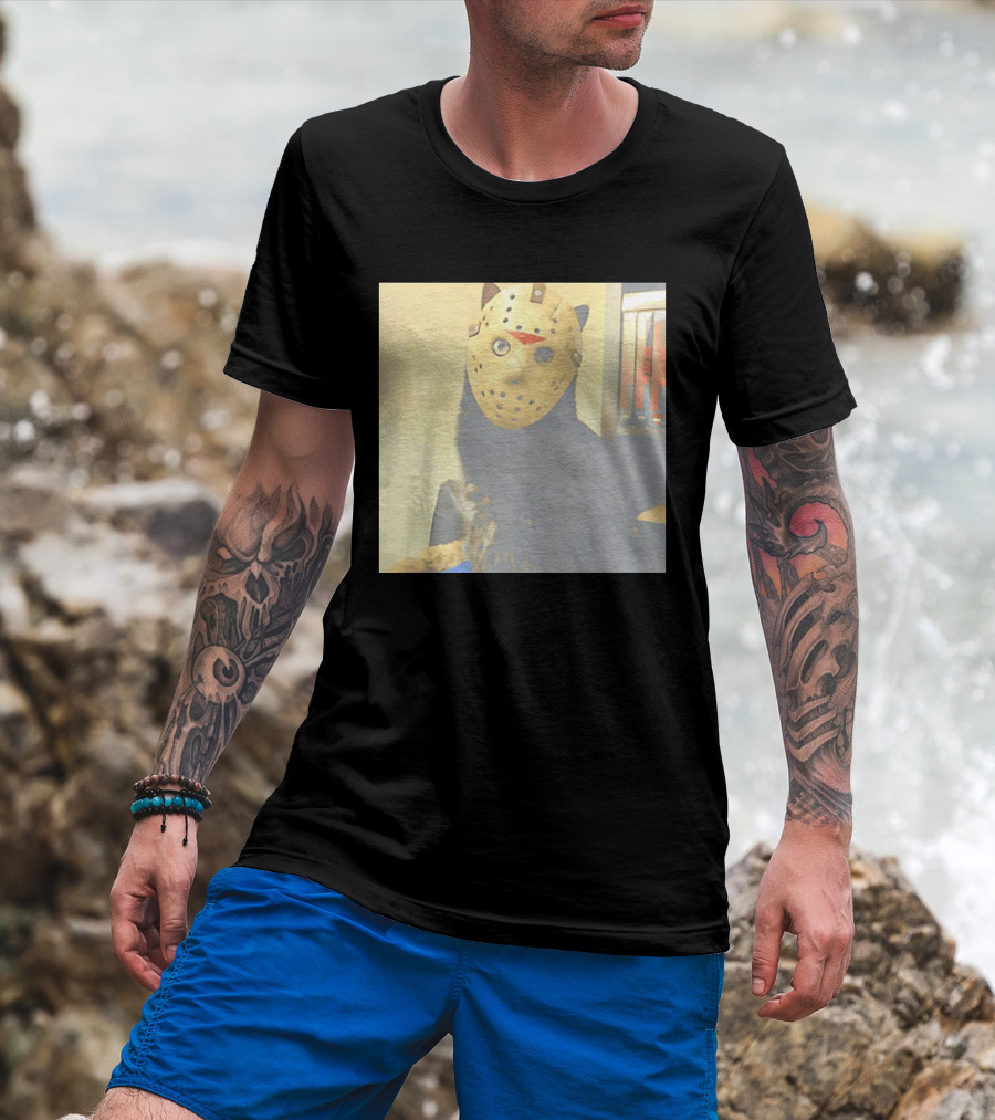 Black Cat In Horror Movie Jason Voorhees Mask T-Shirt