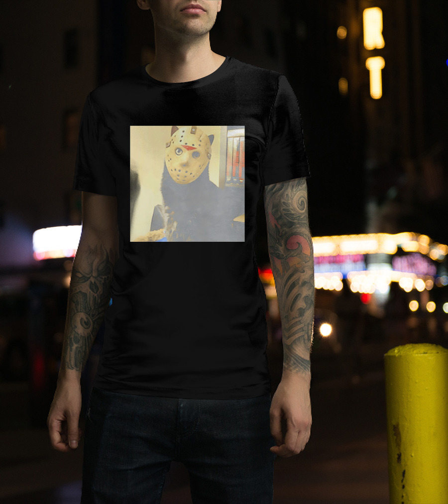 Black Cat In Horror Movie Jason Voorhees Mask T-Shirt