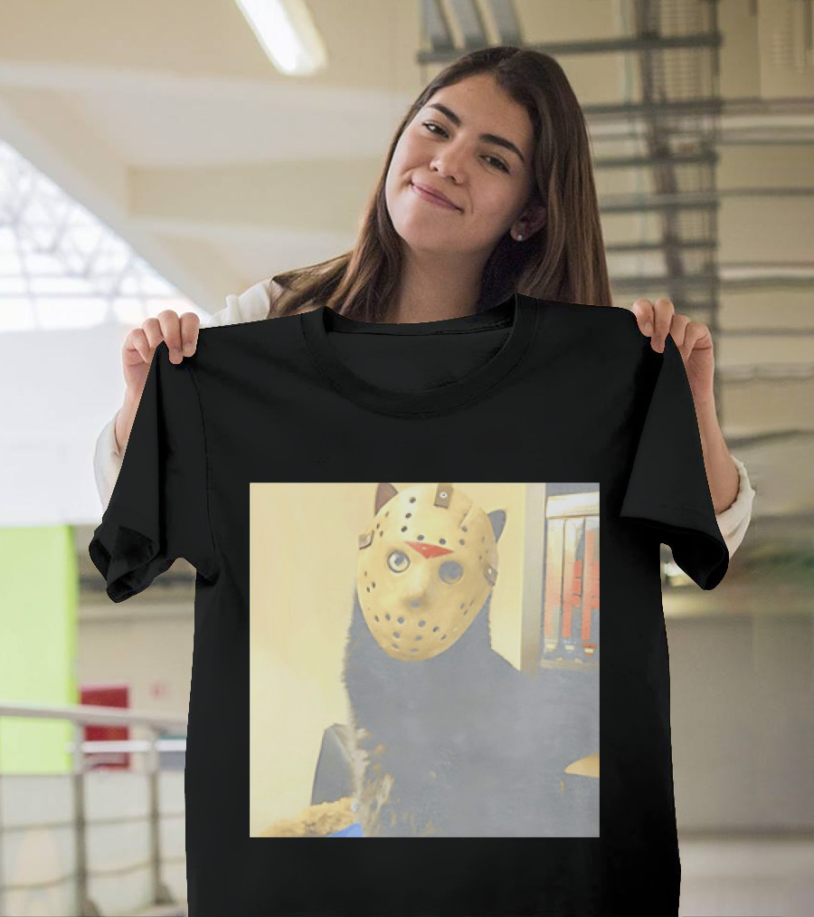 Black Cat In Horror Movie Jason Voorhees Mask T-Shirt