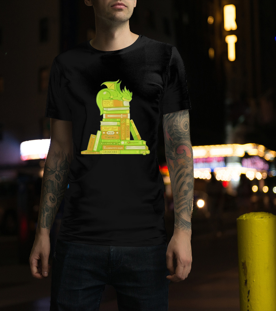 Sleeping Dragon On RPG Fantasy Magic Book Stack Grimoire Wizardry Tales T-Shirt